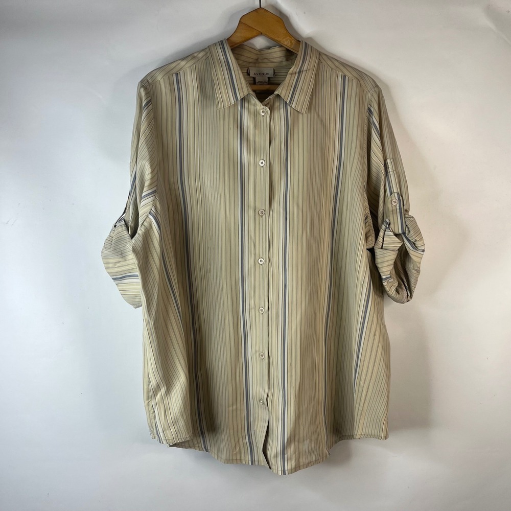 Avenue Button Up Shirt Womens 26/28 Tan Striped Roll Tab Long Sleeve Blouse